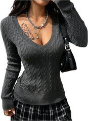 Women's Slim Fit Cable Knit Pullover Sweater V-Neck Long Sleeve