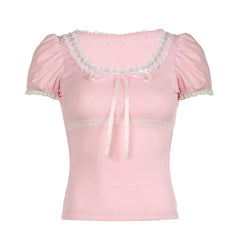 Lace Trim Bow Square Neck Puff Short Sleeve Tee