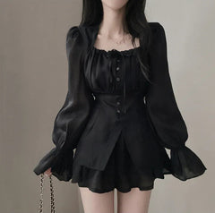 Patchwork Coquette Bow Long Sleeve Two Piece Set