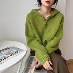 Solid Color Zip Up Hooded Knitted Cardigan - fairypeony