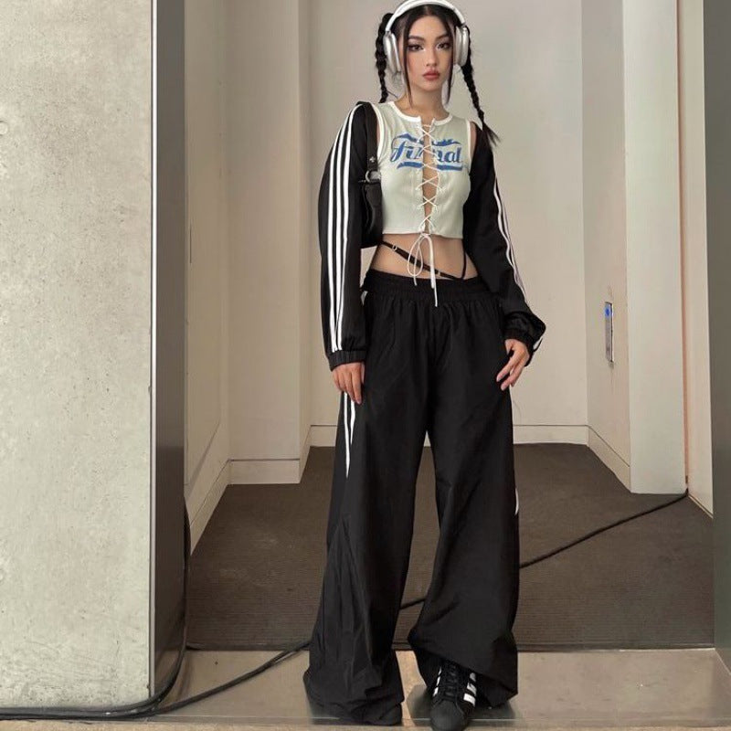 Side Striped Black Wide Leg Sweatpants - fairypeony