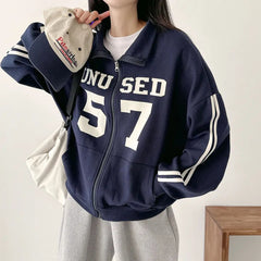 Vintage Number Print Oversized Zip Up Jacket