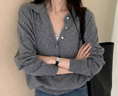 Long sleeve knit polo sweater in Gray, arms crossed