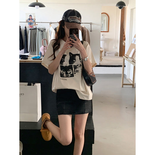 Casual cat Print Short Sleeves Oversized Tee - fairypeony