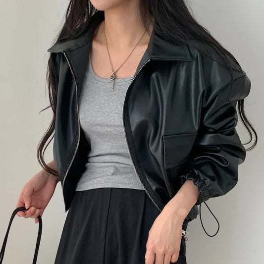Pu Leather Big Pocket Zip Up Oversized Jacket
