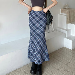 Vintage Blue Plaid Maxi Skirt