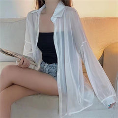 Solid Color Thin Oversized Long Sleeve Blouse - fairypeony