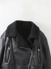 Lamb Wool Zip Up Pu Leather Jacket - fairypeony