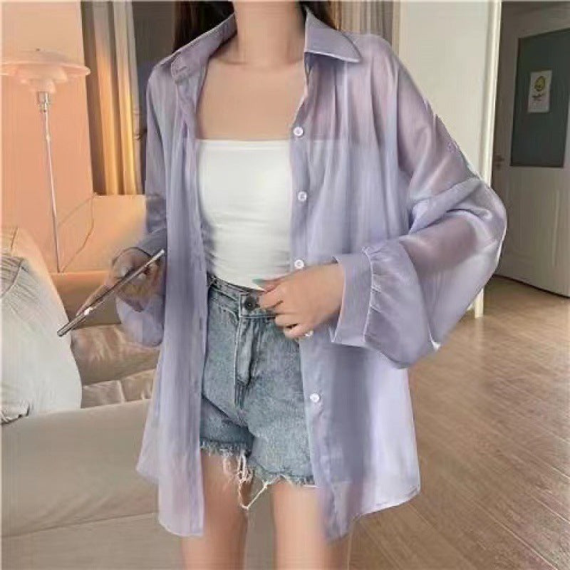 Solid Color Thin Oversized Long Sleeve Blouse - fairypeony