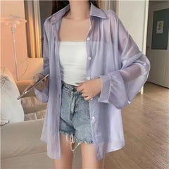 Solid Color Thin Oversized Long Sleeve Blouse - fairypeony