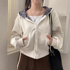 Retro Chic Loose Fit Plaid Hooded Zipper Sweatshirt