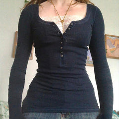 Patchwork Lace Buttoned Long Sleeve Tee