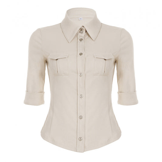 2000s Slim Fit Long Sleeve Knit Button-Down Shirt – Fitted Lapel Collar Top