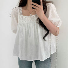 Crochet Square Collar Puff Sleeve Blouse