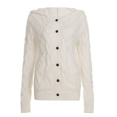Women's Loose Twist-Knit Hooded Cardigan Long Sleeve Solid Color Jacket