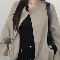 Retro stand collar oversized short trench jacket in khaki, front view