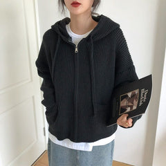 Double Pockets Hooded Knitted Zip Up Cardigan