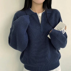 Solid Color Half Zipper Polo Collar Sweater