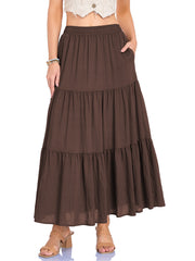 Womens Cotton Linen Elastic Waist Long Skirt