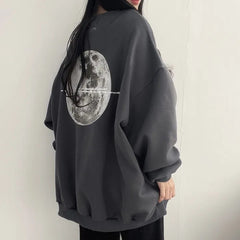Vintage Back Moon Print Pullover Sweatshirt - fairypeony
