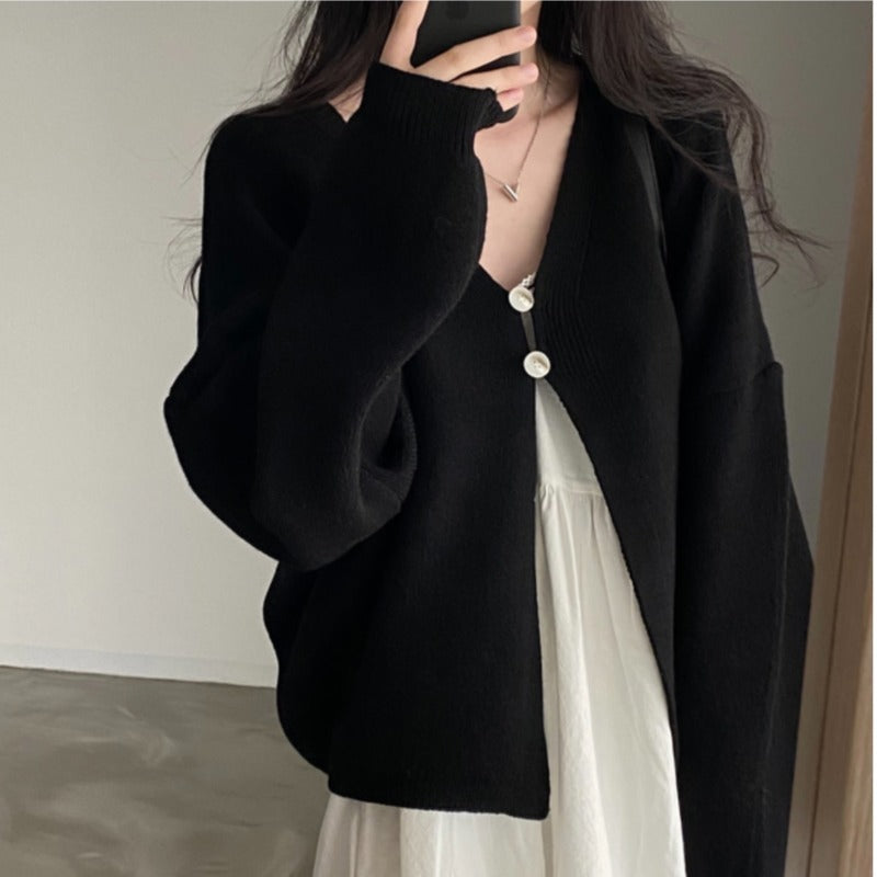 Solid Color Two button Oversized Cardigan - fairypeony