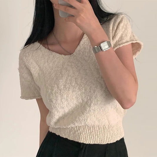 V- Neck Solid Color Short Sleeve Thin Knitted Tee