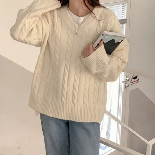 V-Neck Cable Knit Pullover Sweater