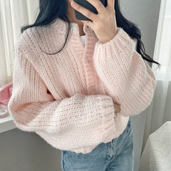Round Neck Lantern Sleeve Knitted Cardigan