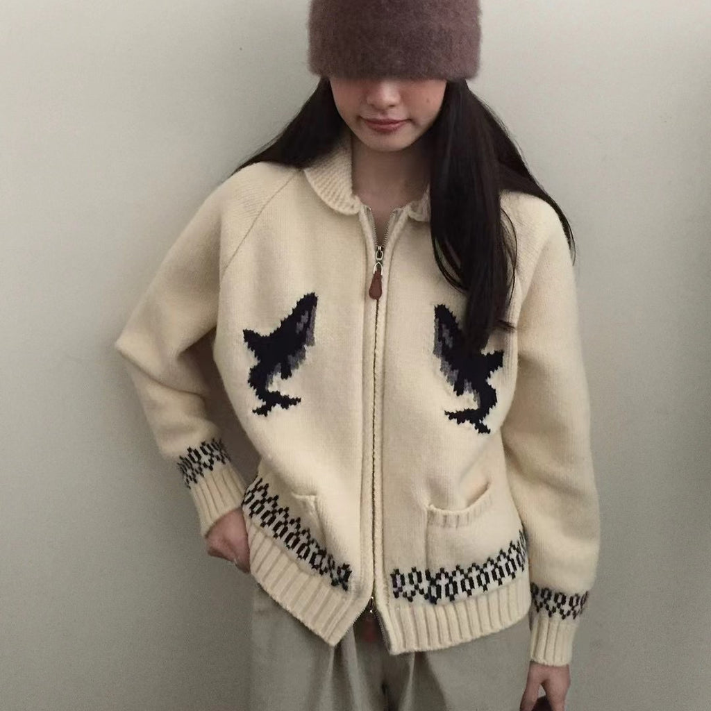 Korean Style Heavy Industry Cartoon Dolphin Lapel Zipper Knitted Cardigan