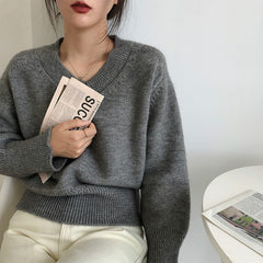 Vintage Solid Color V-Neck Sweater
