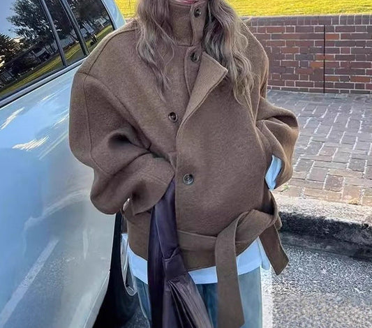High-End Stand-Up Collar Woolen Coat – Faux Fur Loose Fit Mid-Length Coat