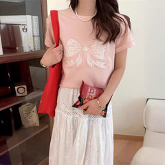 Embroidery Bow Oversized Short Sleeve Tee