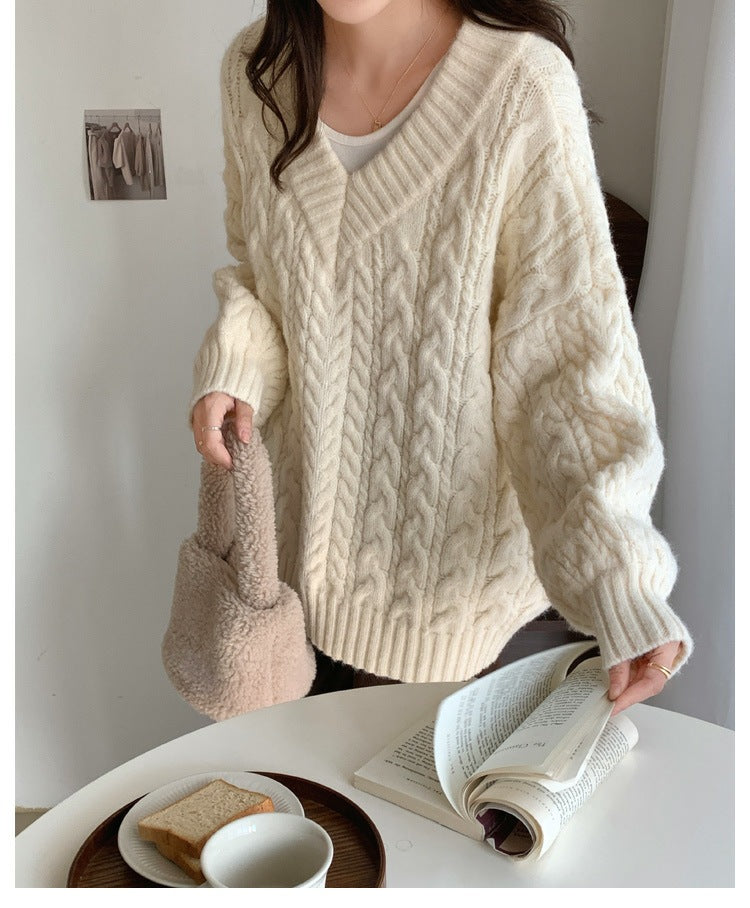 V Neck Pullover Cable Knit Sweater - fairypeony