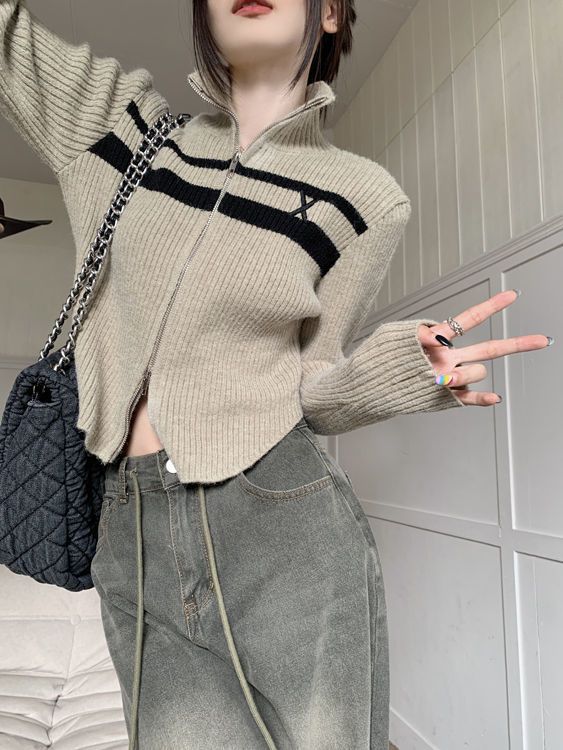 Vintage Striped Zip Up Cropped Cardigan - fairypeony