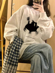 Black Cat Print Pullover Oversized Sweatshirt