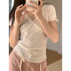 Lace Trim V Neck Slim Short Sleeve Tee