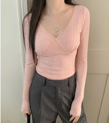 Lace Trim V Neck Slim Long Sleeve Knit Tee