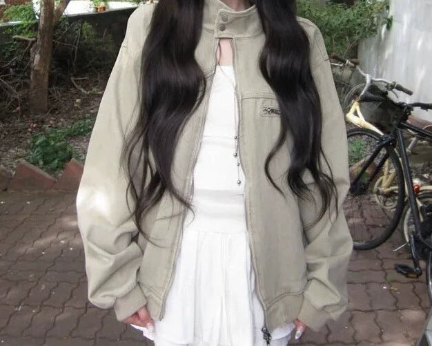 Vintage stand collar slim-fit coat in Mikachi, front view