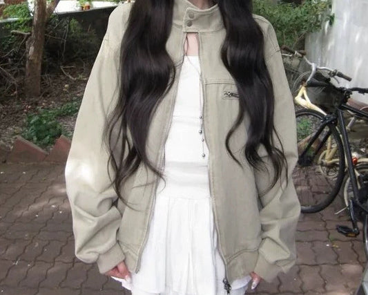 Vintage stand collar slim-fit coat in Mikachi, front view