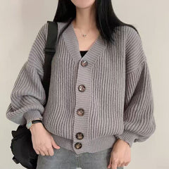 Solid Color V-Neck Casual Oversized Cardigan