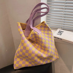 Aesthetic Checkered Print Knitted Tote Bag