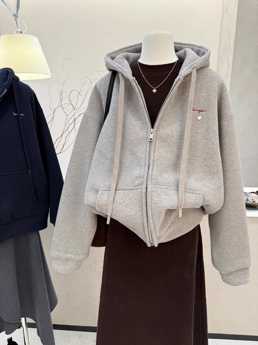 Solid Color Logo Print Zip Up Hoodie