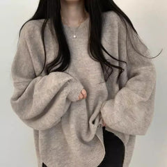 Round Neck Solid Color Oversized Sweater - fairypeony