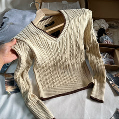 2000s Cream Cable Knit V-Neck Sweater – Preppy Brown Contrast Trim Pullover One Size