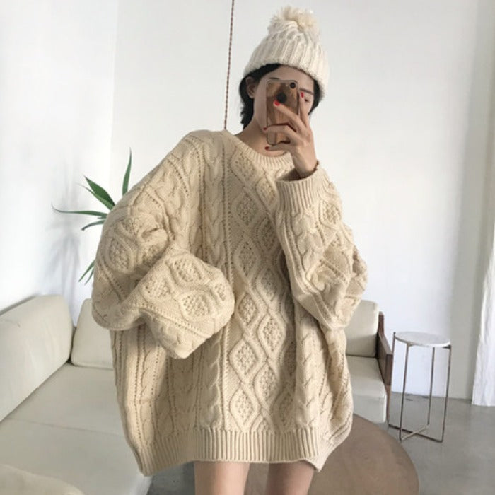 Solid Cable Knit Pullover Sweater - fairypeony