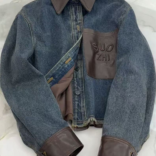 Designer Leather Accent Denim Jacket – Korean A-Line Polo Collar Coat