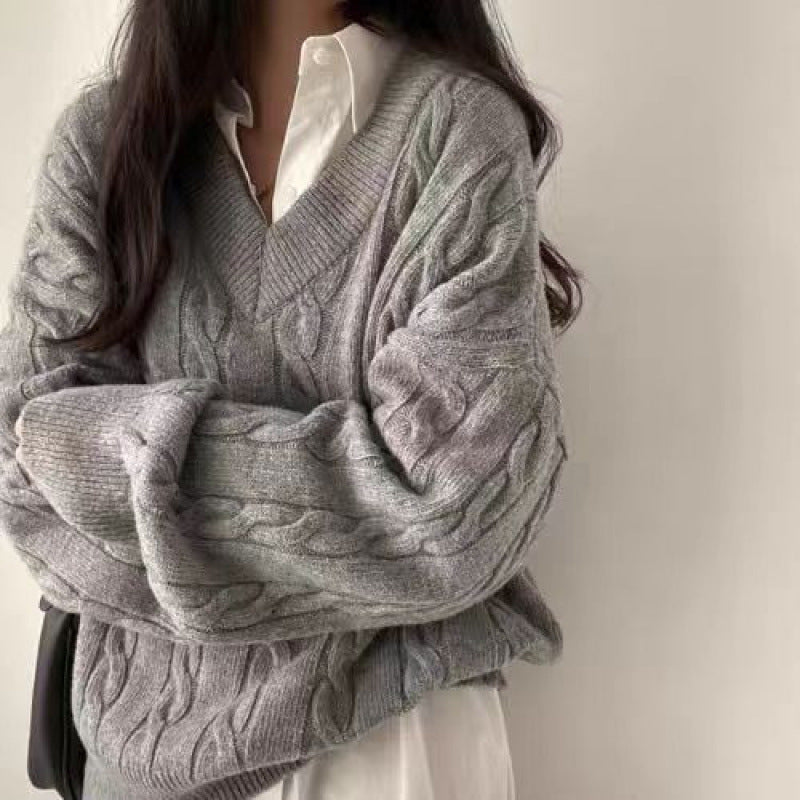 Korean Chic Cable Knit Loose Fit Pullover Sweater – Thick Warm Top