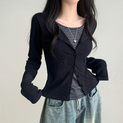 Vintage Fake Two Pieces Striped Long Sleeve Tee