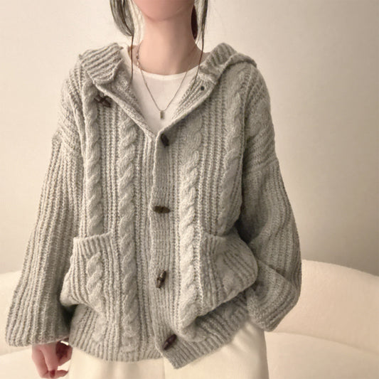 Over Fit Hooded Cable Knit Cardigan – Thick Chunky Button-Front Sweater Coat with Pockets in Cream & Gray (One Size)