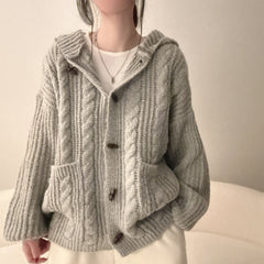 Over Fit Hooded Cable Knit Cardigan – Thick Chunky Button-Front Sweater Coat with Pockets in Cream & Gray (One Size)